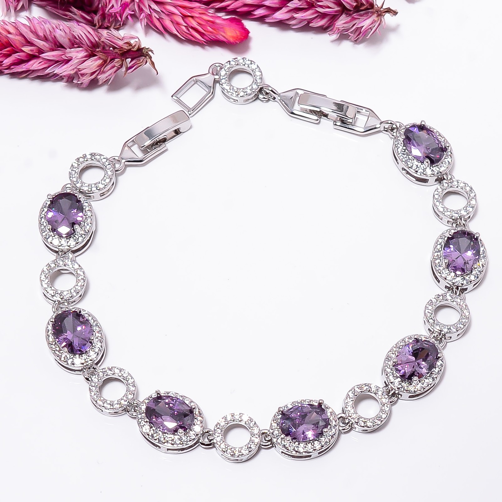 Purple Amethyst, CZ 925 Sterling Silver Adjustable Bracelet 7-8″ B132213