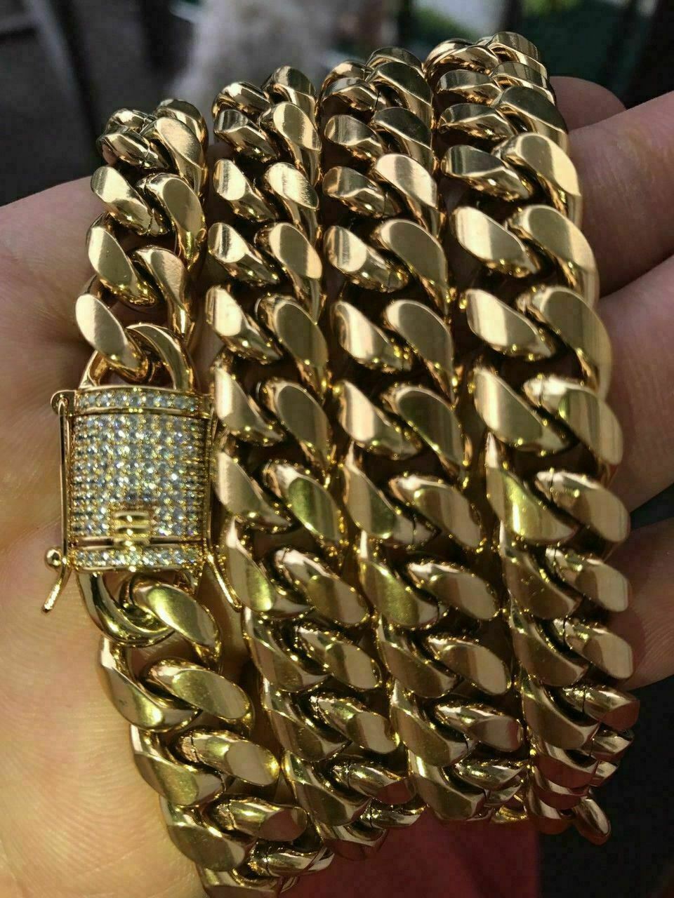 Miami Cuban Link Chain 18k Gold Plated Stainless Steel 14mm CZ Clasp Big Hip Hop