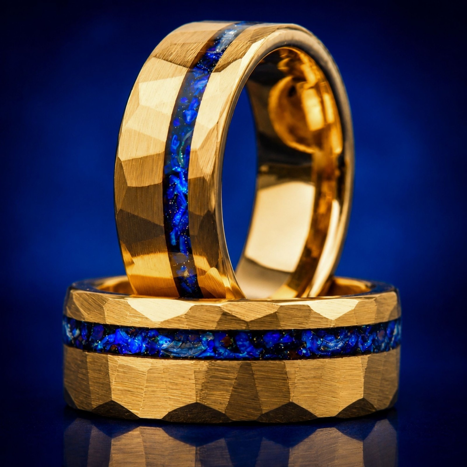 Blue Sapphire Meteorite Tungsten Mens Hammered Gold Wedding Band 8mm Comfort Fit