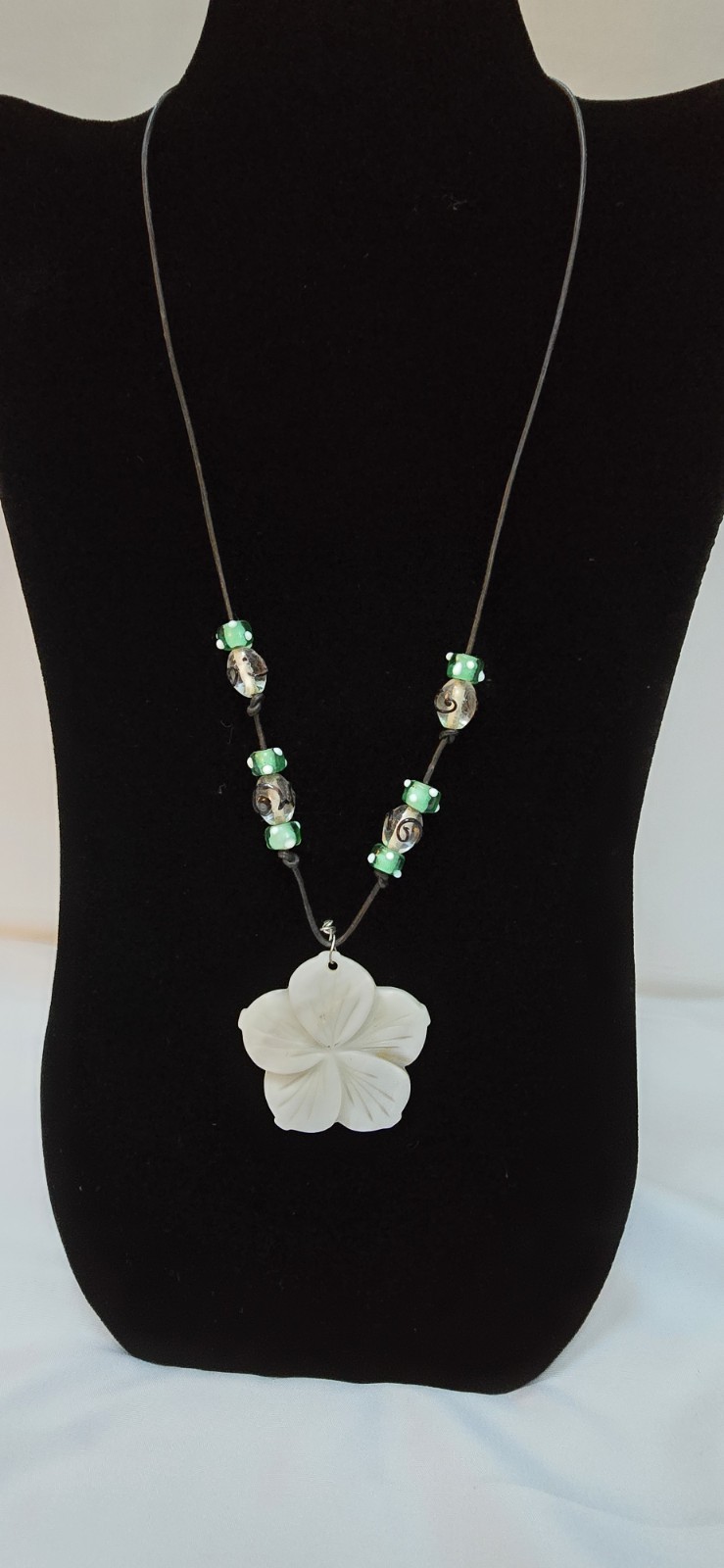 White Flower Shell Charm Pendant Necklace Green Glass Beads Black Cord