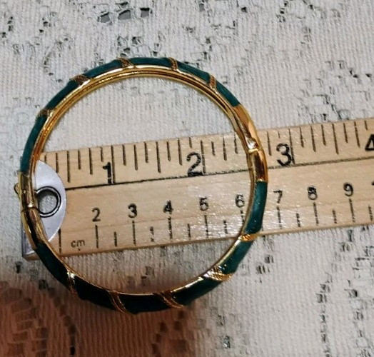 Enamel Bracelets Hinged Green with Gold & Beige W/ Black/ Silver 1970s To 1980s