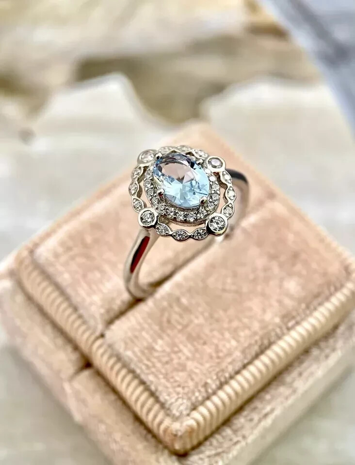 14k White Gold 2.70 Ct Oval Natural Aquamarine Diamond Engagement Ring Solid