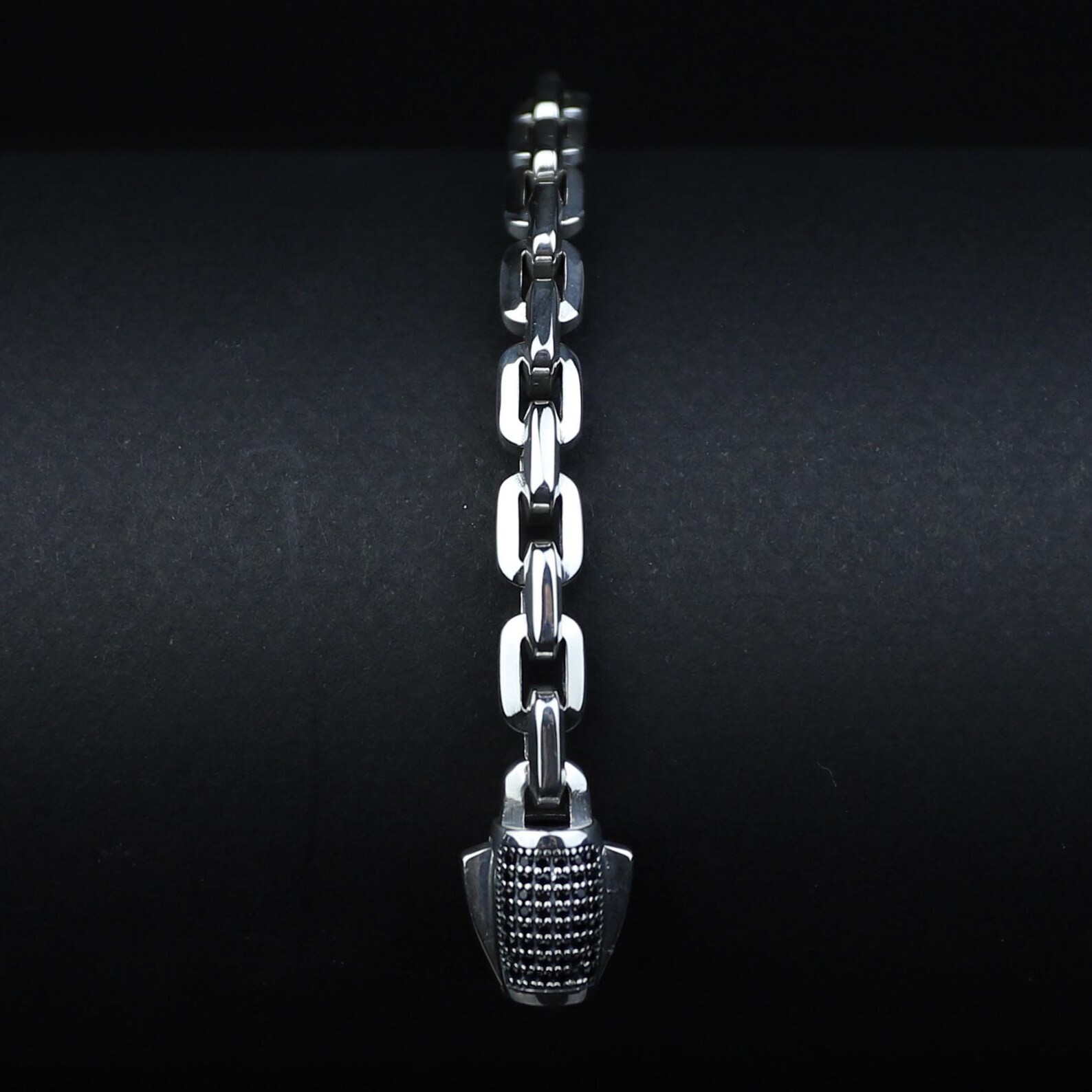 925 Sterling Silver Onyx Cable Chain Bracelet Men Handmade Anchor Link Biker