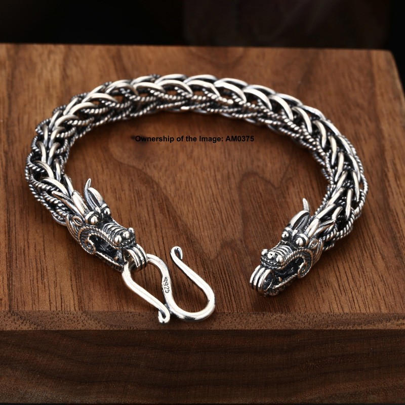 Pure 925 Sterling Silver Dragon Head Wheat Link Bracelet Vintage Style 7.9inch