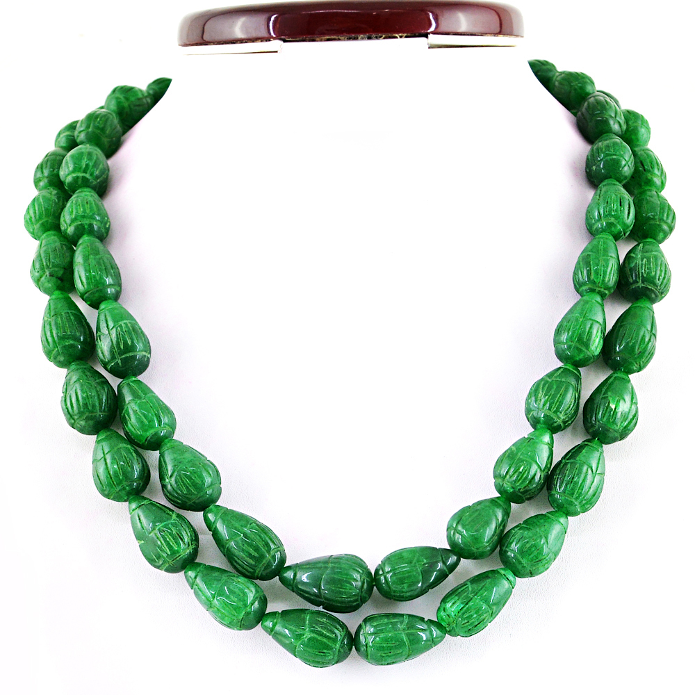 952.50 CTS EARTH MINED 2 LINE GREEN EMERALD PEAR SHAPE CARVED BEADS NECKLACE