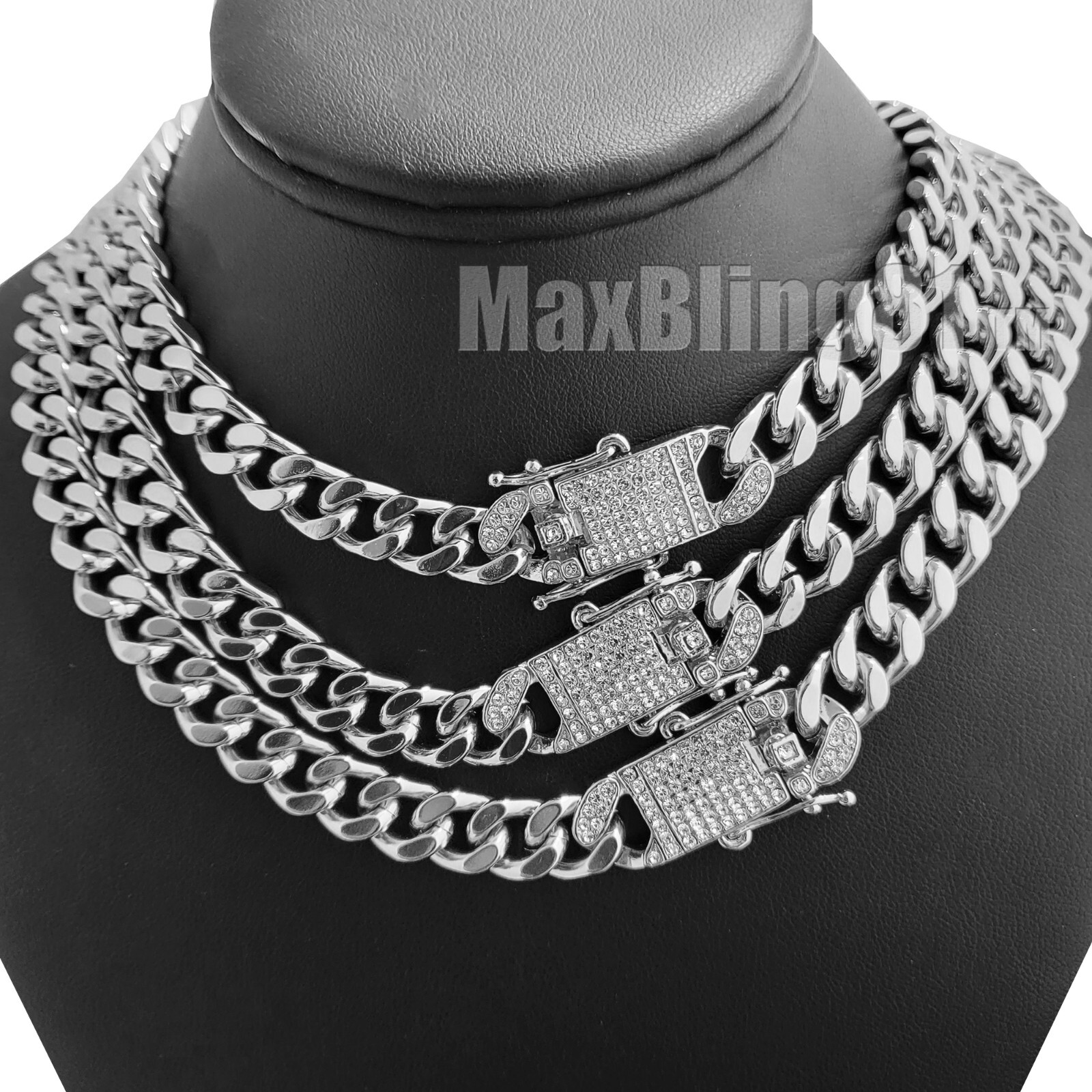 Hip Hop Icy Simulated Diamond Silver Plated 10mm 8.5″ ~ 24″ Cuban Chain Necklace