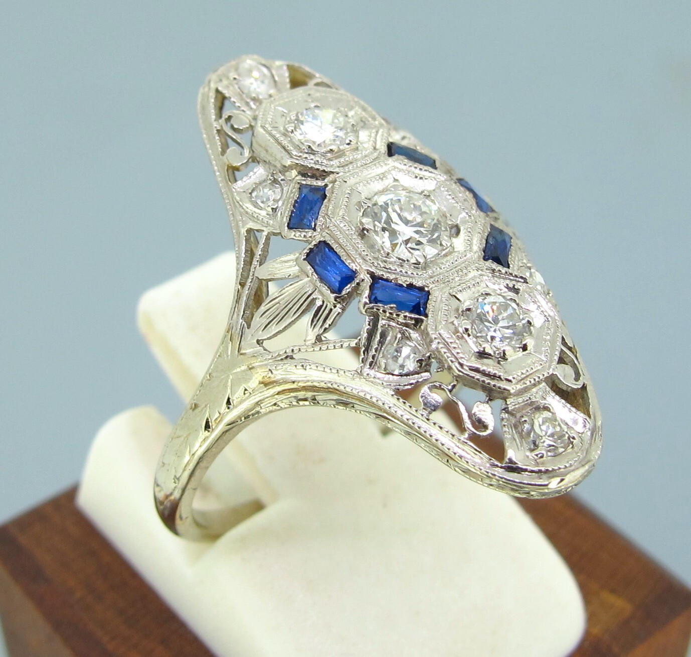 .50 ctw Diamonds European Cut 18k White Gold France Cut Natural Sapphires Ring