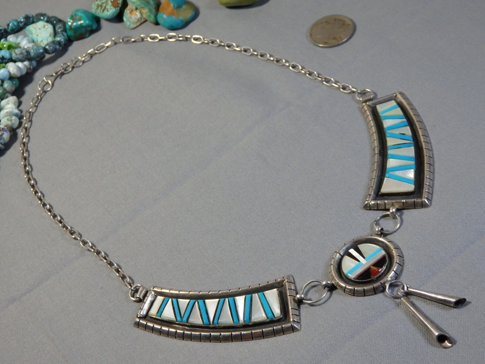 ZUNI Sleeping Beauty TURQUOISE ++ Sterling Silver SUNFACE 21″ Necklace