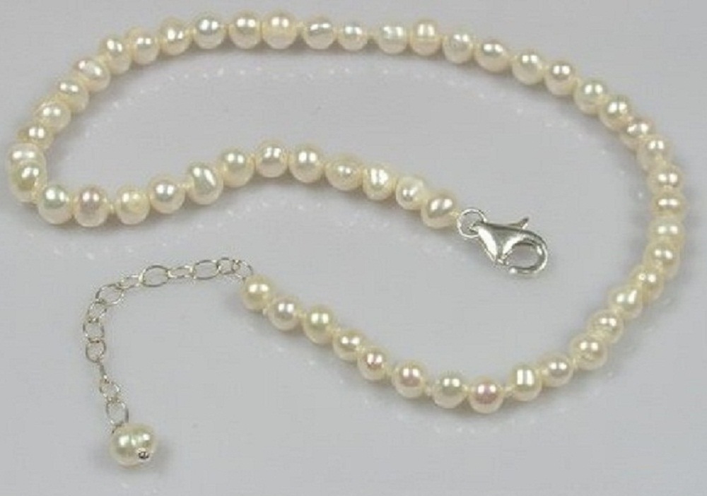 Cultured Freshwater White Seed Pearl & Sterling Silver 10″-12″ Ankle Bracelet