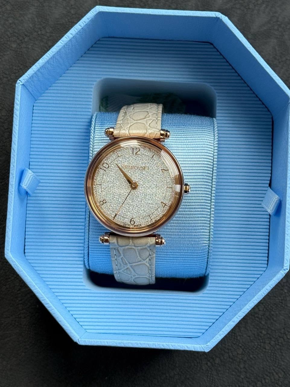 Swarovski. Crystalline wonder watch,Leather strap, Beige, Rose gold-tone finish.