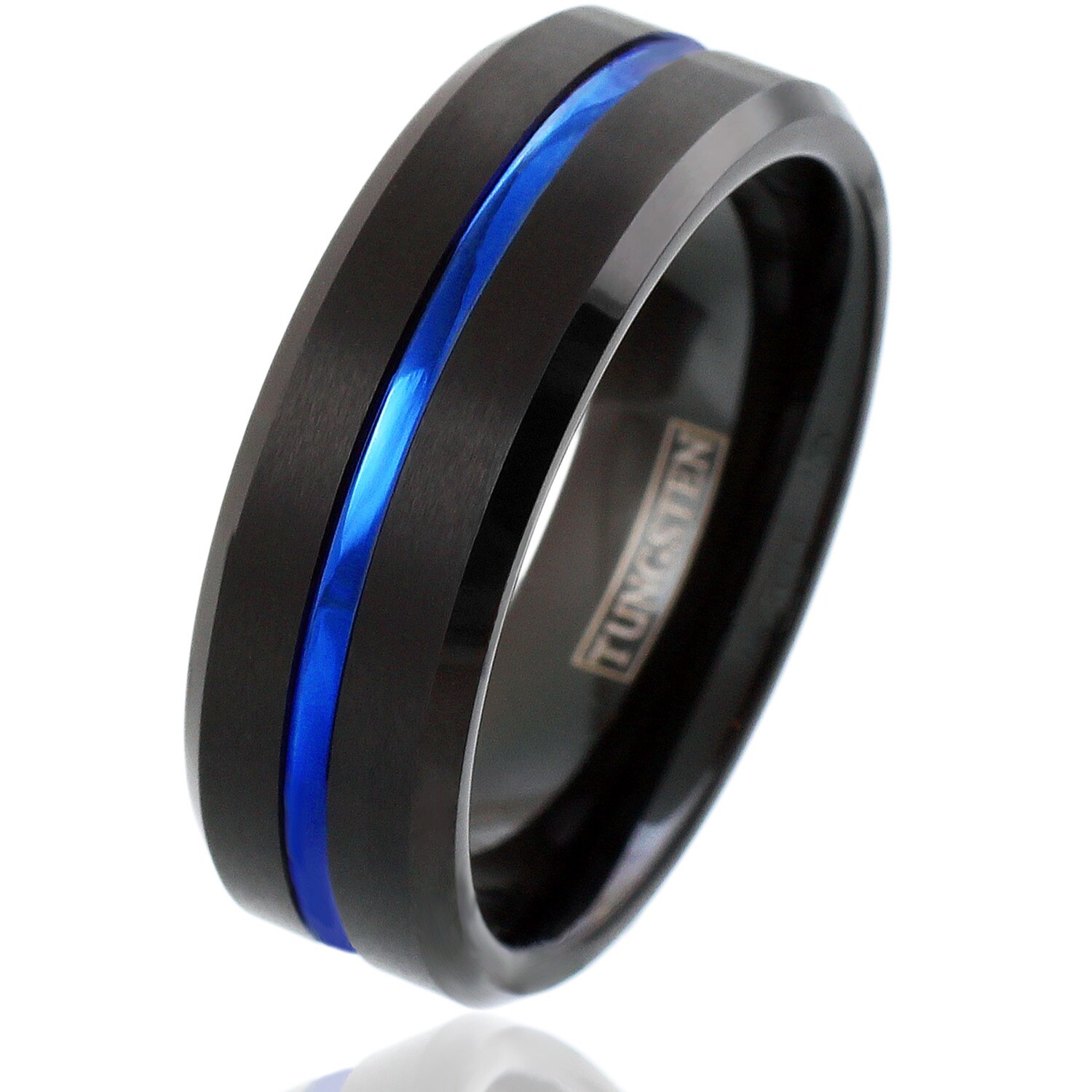 6/8mm Black Tungsten Carbide Brushed Thin Blue Line Band Ring-Engraving Avail