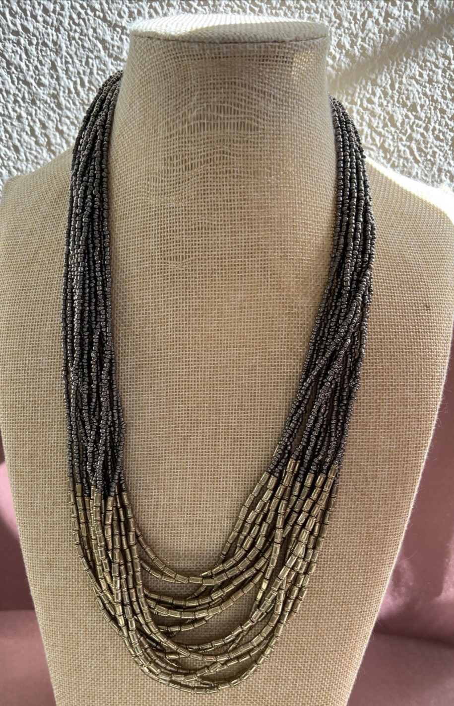 Metallic Multi Strand Seed Bead And Bar Bead Necklace 21″ + 2″
