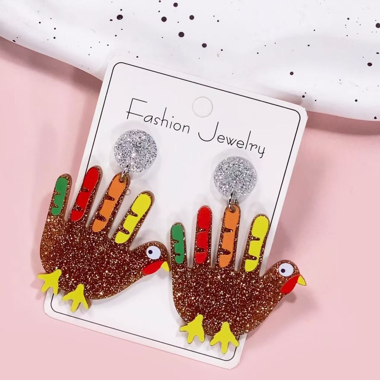 1 Pair of Thanksgiving Earrings, Cute and Sparkly Turkey Acrylic Earrings