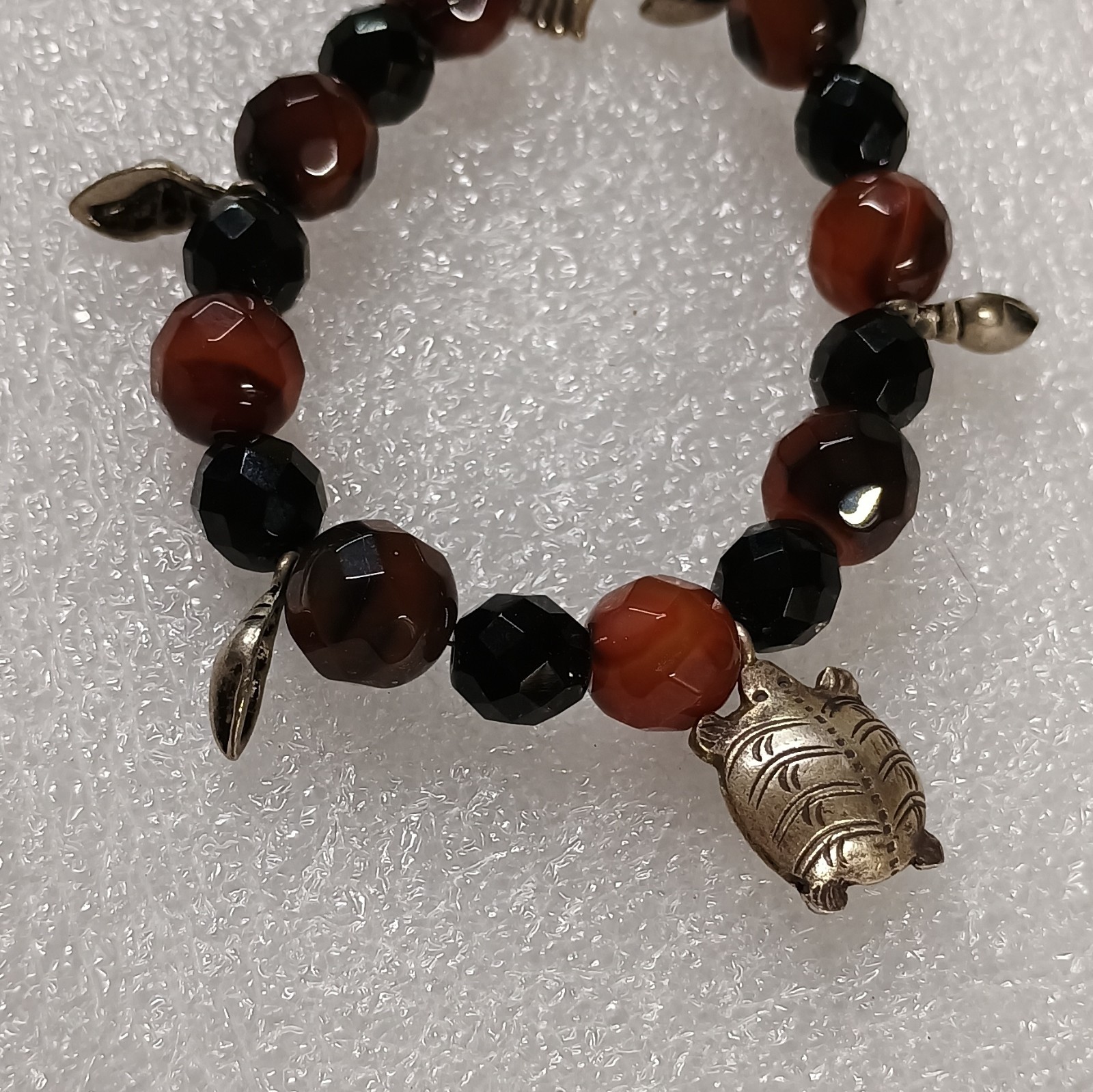 Multi-Strand Layered Black Red Beaded Necklace w/ Round Agate Turtle Charms .925