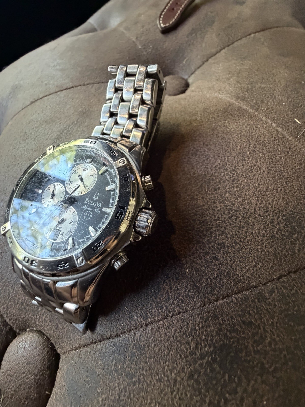 Bulova Marine Star Chronograph Quartz Watch — Black Dial, 100m, Steel, 44-47mm