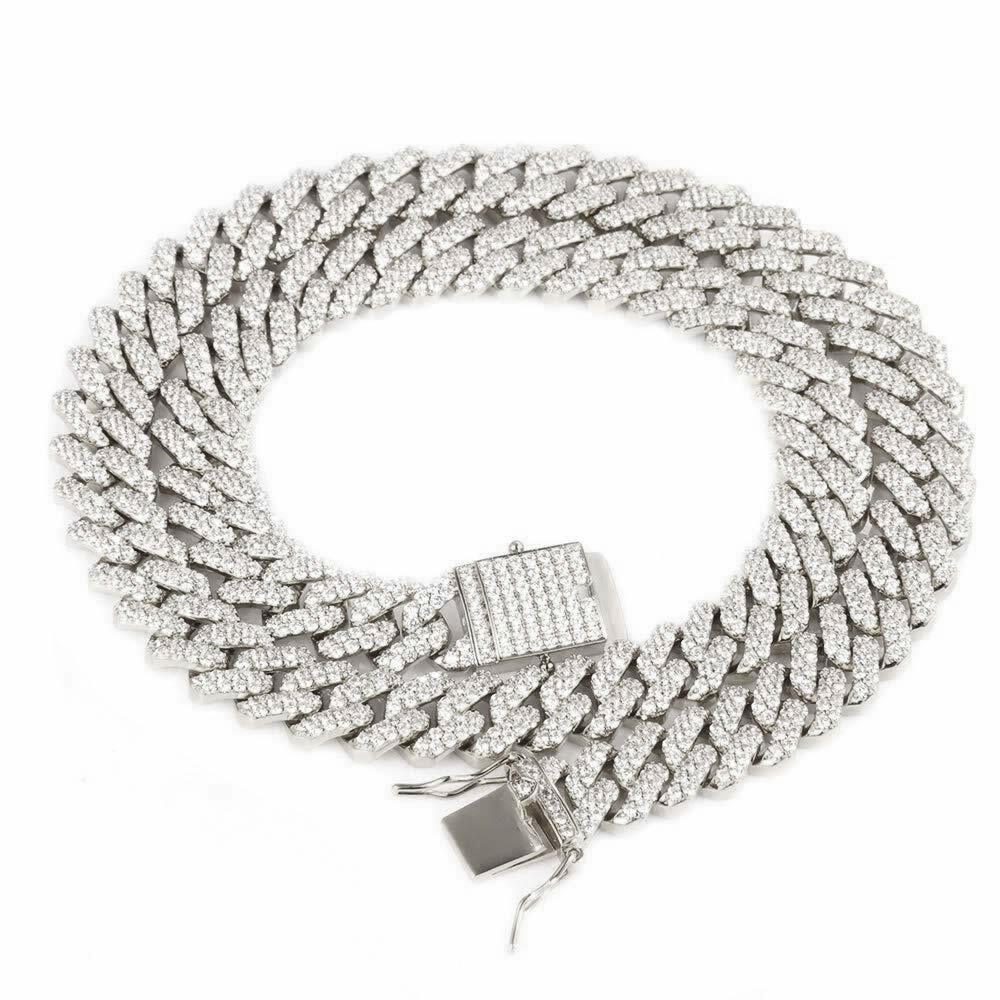 Mens Heavy 5A Iced Miami Cuban Link Chain With White Gold Plated Stainless Steel
