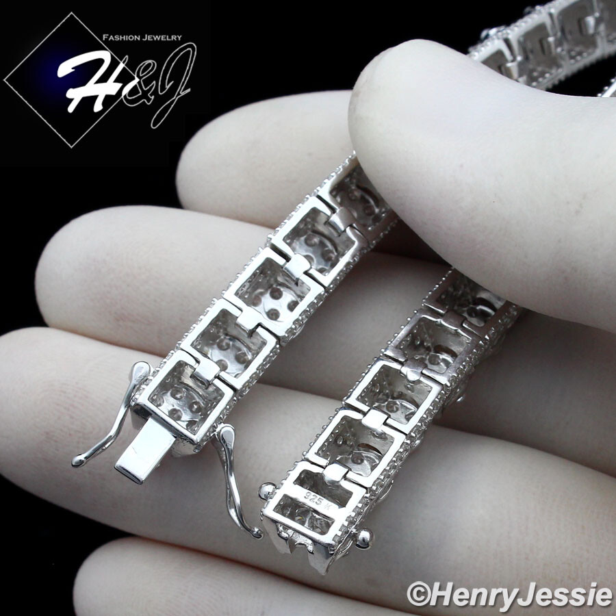 8.5″MEN SOLID 925 STERLING SILVER FULL ICY BLING CZ 8MM CHAIN LINK BRACELET*SB9