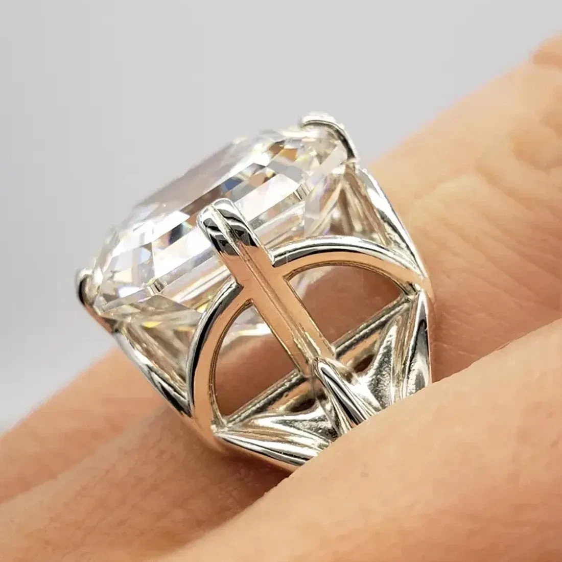 Rare 12.20 Ct Certified Asscher White Treated Diamond Solitaire Ring 925 Silver