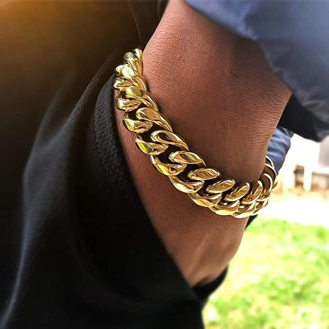 Men’s Solid Miami Cuban Link Bracelet Chain 14K 18K Gold Plated Stainless Steel