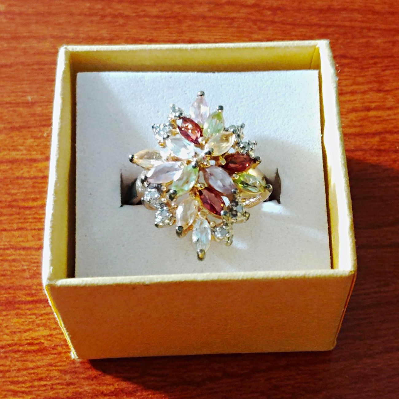 Silver Tone Crystal Multicolor Flower Cluster Cocktail Ring Size 7