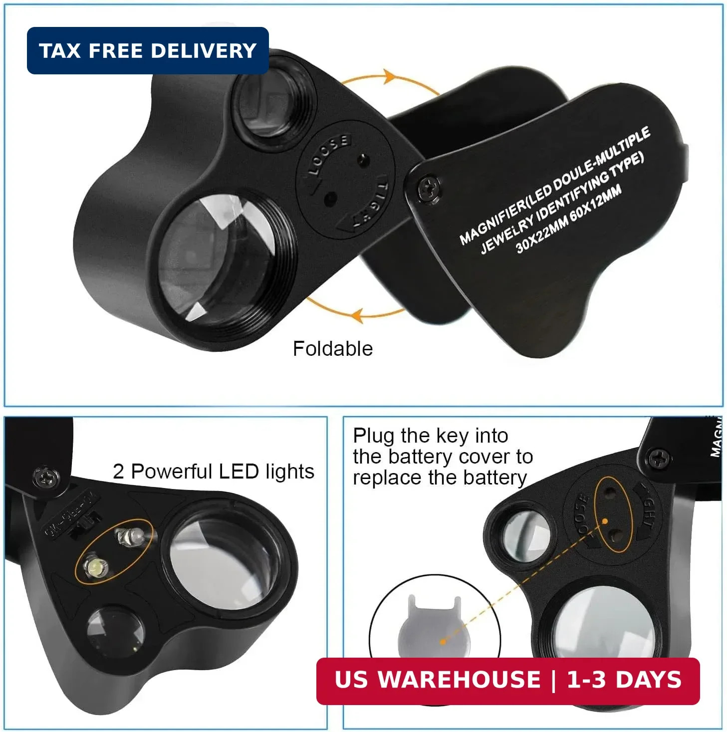 Jewelers Loupe, 2 Pack Magnifying Glass with Light, 30X 60X 90X Jewelers Loop Ma