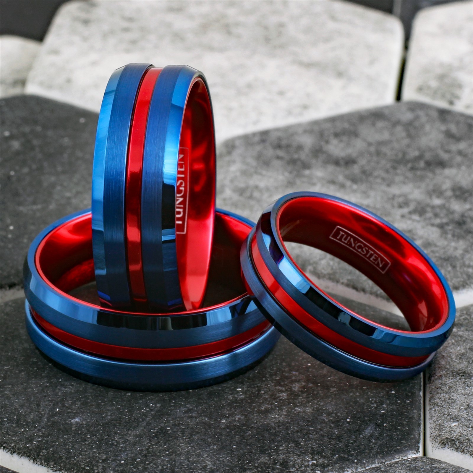 Blue Tungsten Carbide Men’s Thin Red Line Wedding Band Ring – Superhero Colors