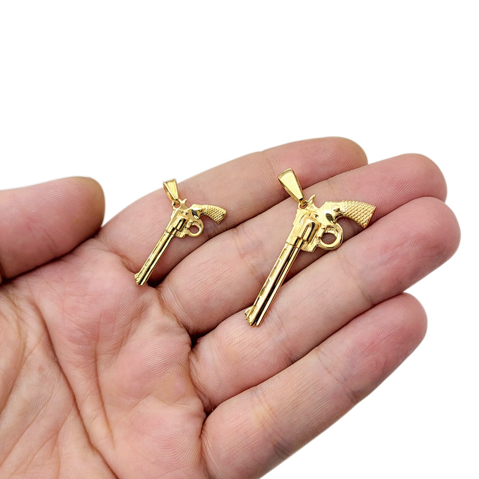 Solid 18K Yellow Gold Revolver Pistol Pendant, Six Shooter Real Gold Gun Pendant