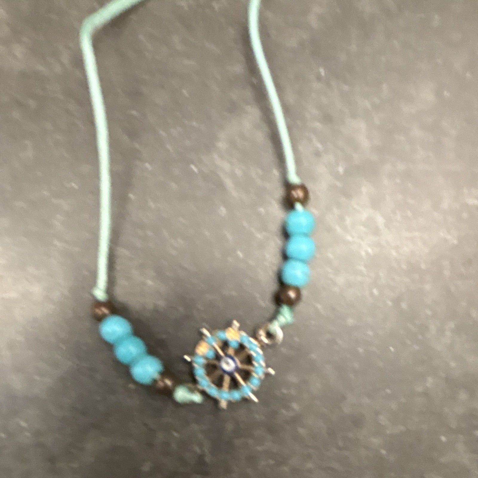 Blue Cord Beaded Bracelet Nautical Ship Wheel Dangle Charm Adjustable Closure