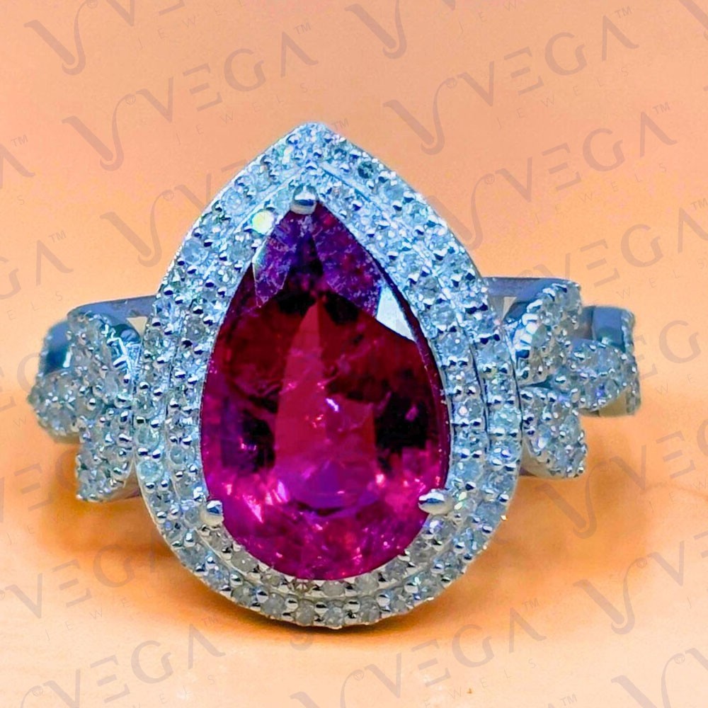 6.80carat Pear Shape Natural Ruby Gemstones & Diamond Ring 18K White Gold Plated