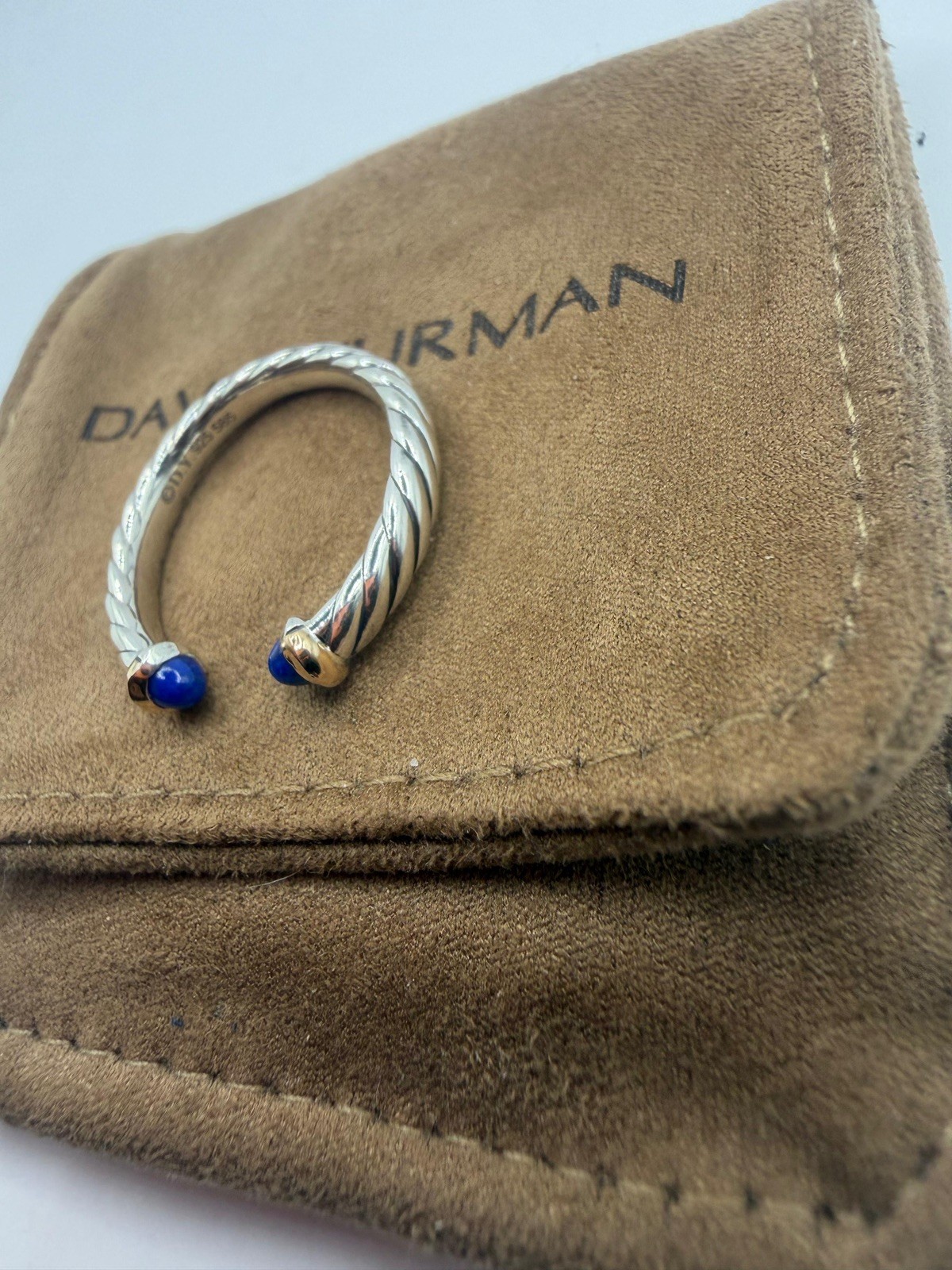 David Yurman Sterling Silver Petite Cable Open Ring W/ 14k Gold & Lapis Size 7