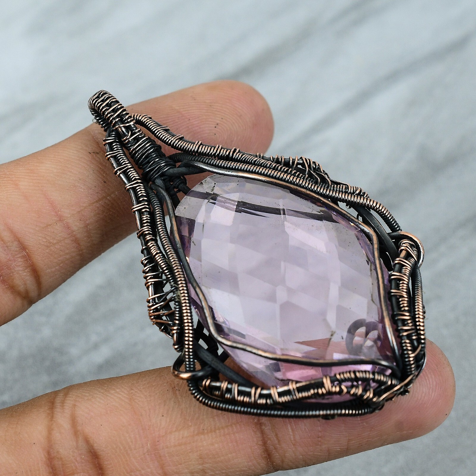 Pink Kunzite Wire Wrapped Pendant Handcrafted Copper Unique Jewelry 2.76″