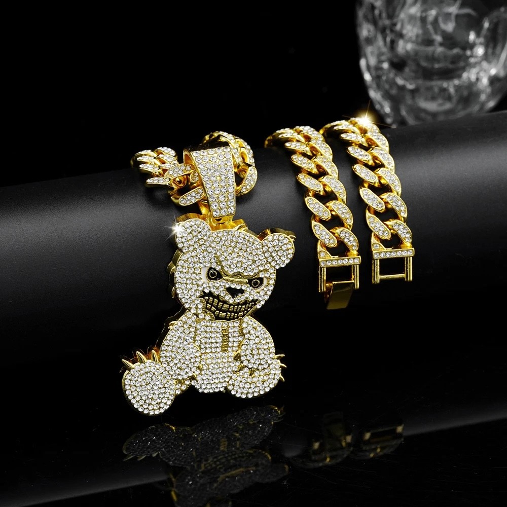 Iced Out Evil Bear Hip Hop Pendant Necklace Cuban Link Chain Bling Silver Gold