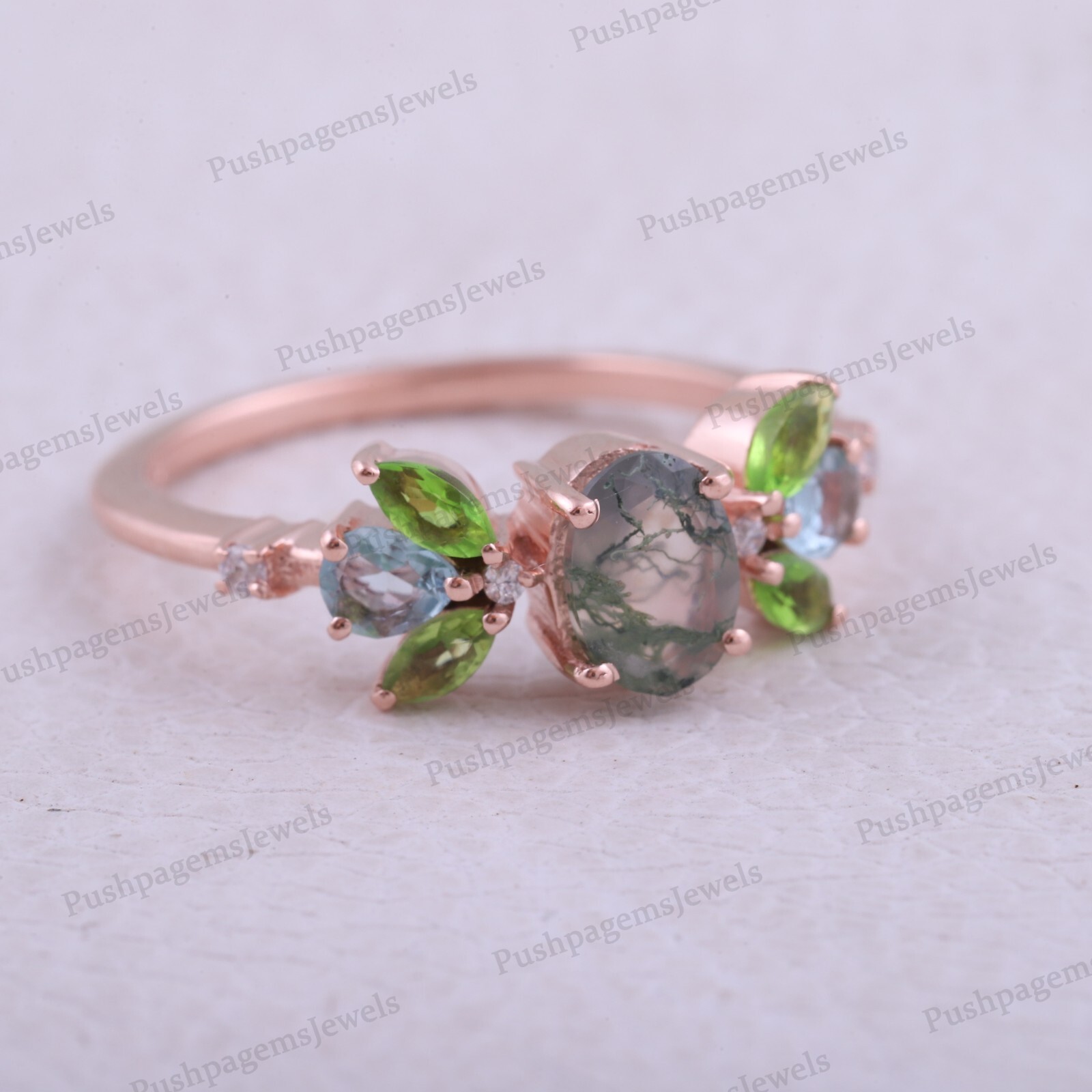 925 Sterling Silver 8×6 Oval Shape Natural Moss Agate Ring Cluster Aqua Peridot
