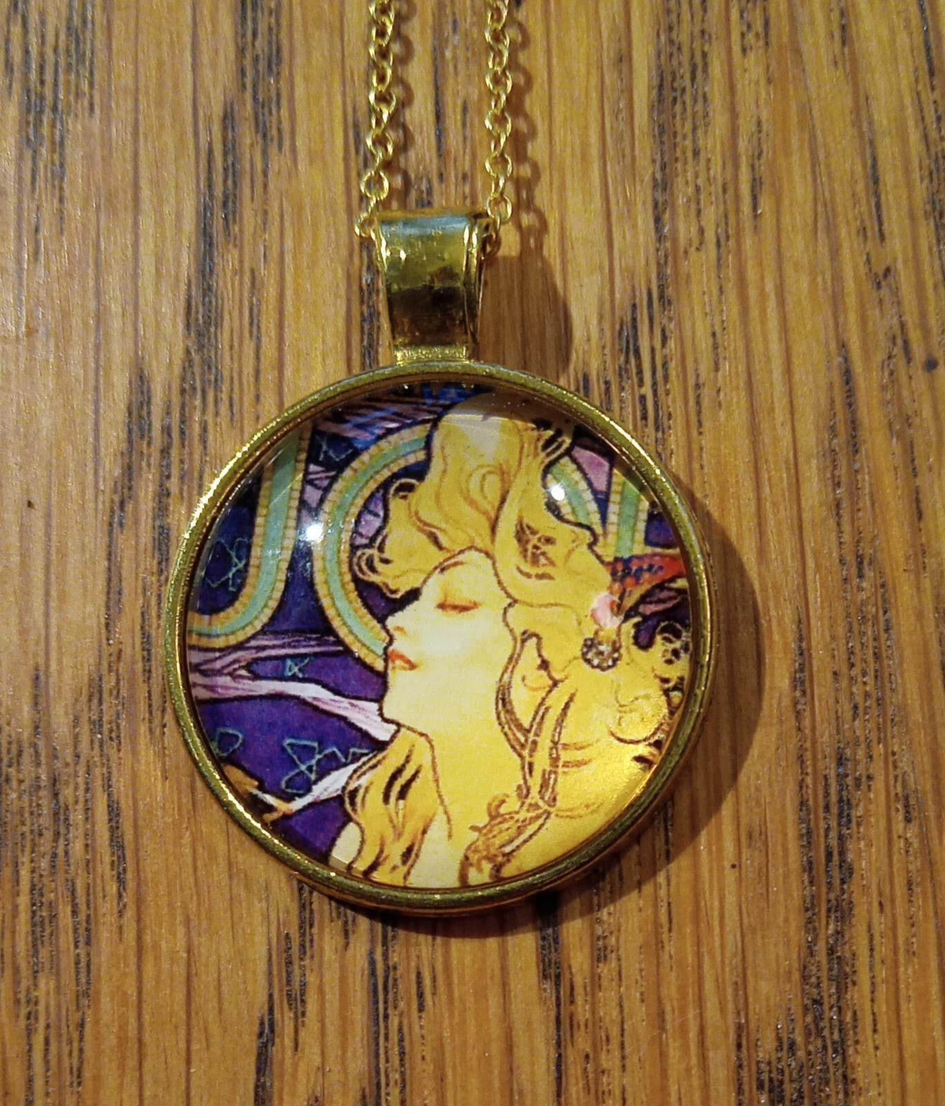 Goddess Cabochon Pendant, Alphonse Mucha Art Nouveau, Glass Pendant Goldplated