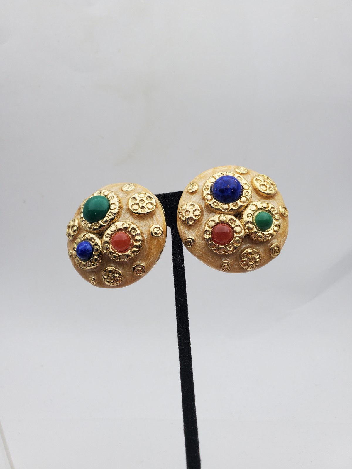 Vtg Mogul Earrings Colorful Cabs Enamel Red Blue Green Gold Tone 1.5″ Signed RLF