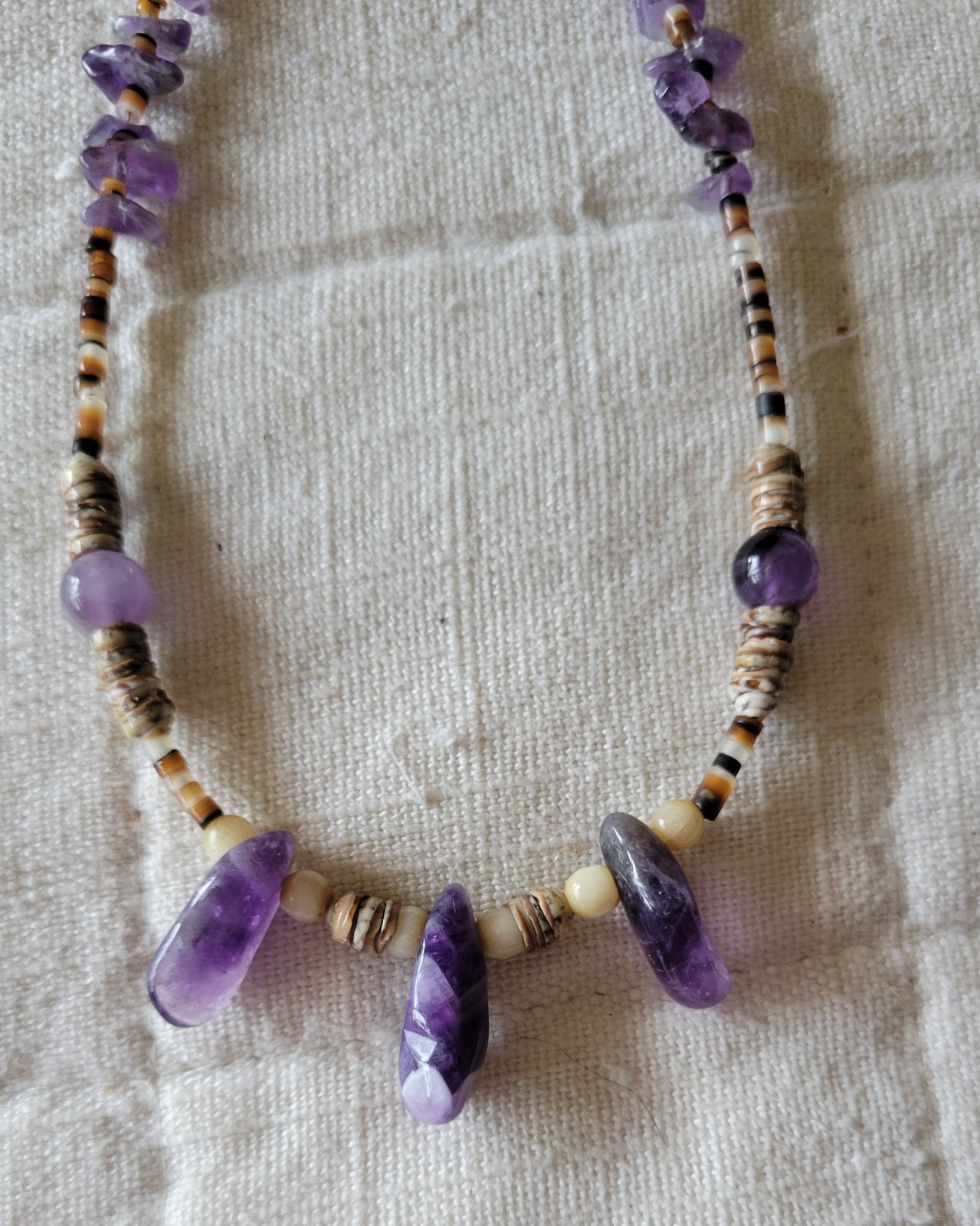 Handmade Chevron Amethyst Heishi Bead Necklace Vintage Earthy Boho Natural