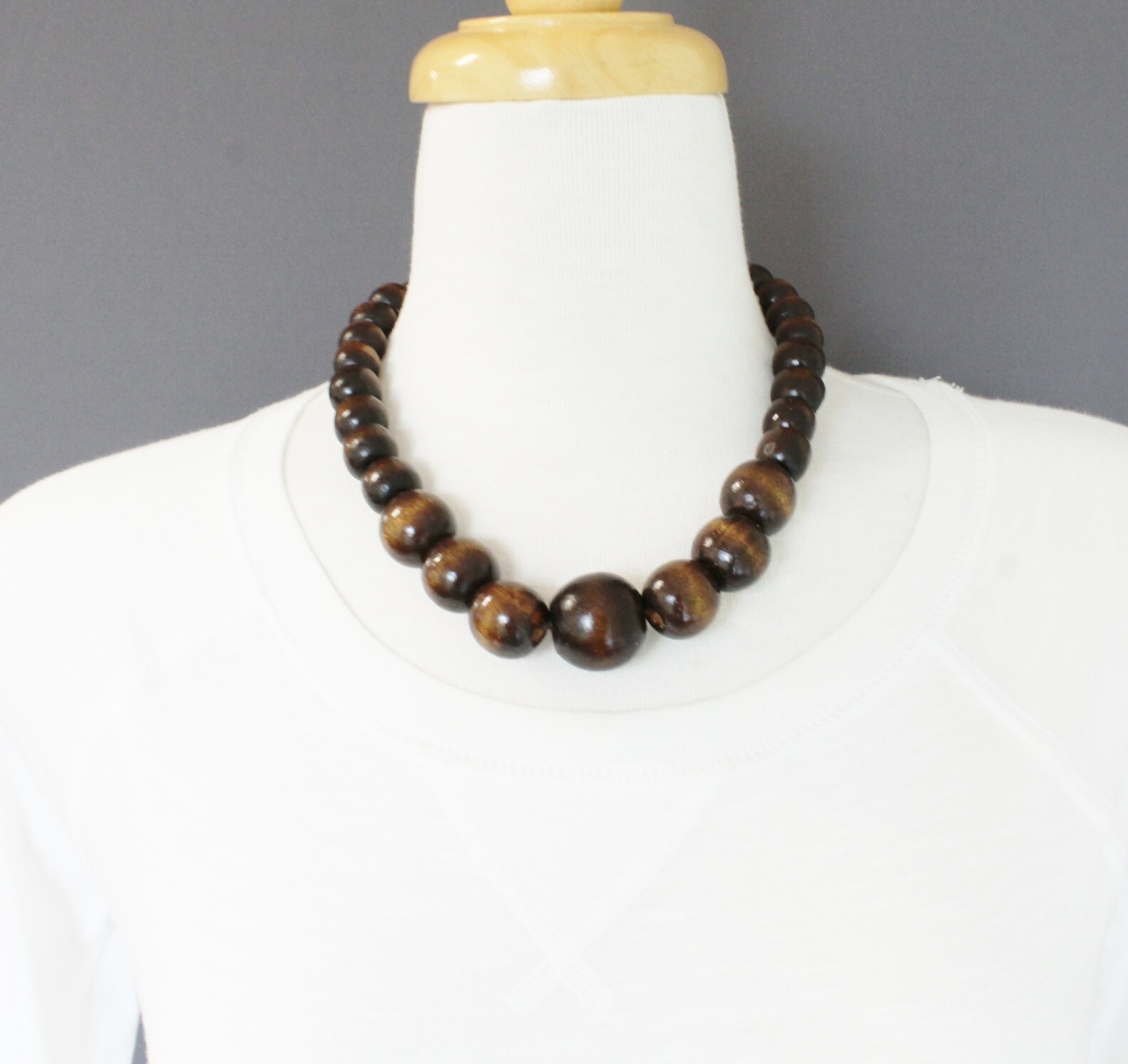 Dark Brown wood necklace bead big chunky beaded 18-19.5″ long necklace wooden
