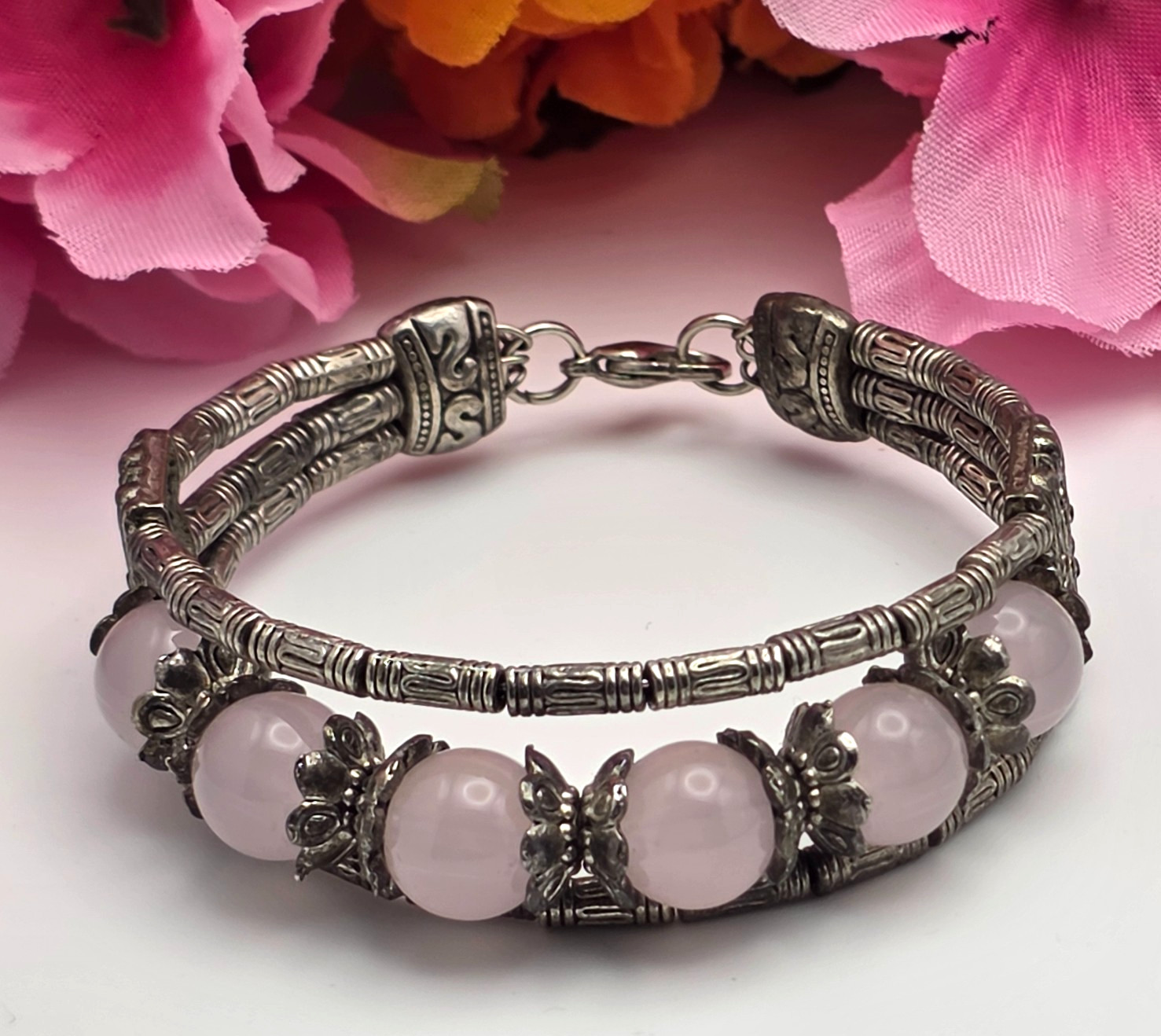Rose Quartz Bead Bracelet Silver Tone Multi Strand Butterfly Bali Style 6.5in