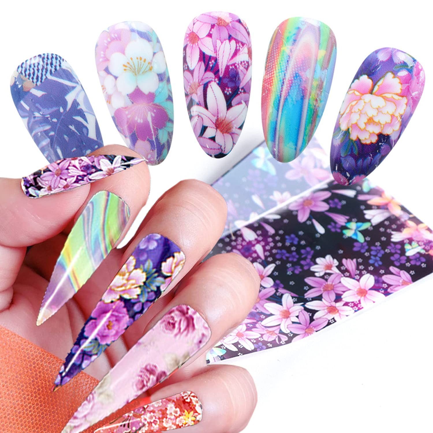 Flowers Nail Art Foil Transfer Stickers Decals, Holographic Pink Floral Nail …