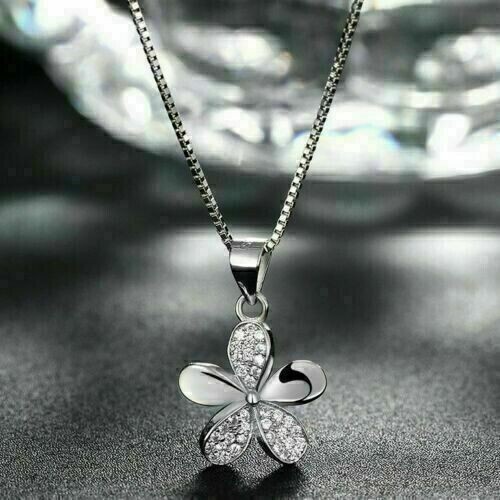 2.00 Ct Round Cut Lab Created Diamond Flower Pendant Chain 14K White Gold Finish