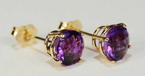 2Ct Round Cut Amethyst Solitaire Push Back Stud Earrings 14K Yellow Gold Finish