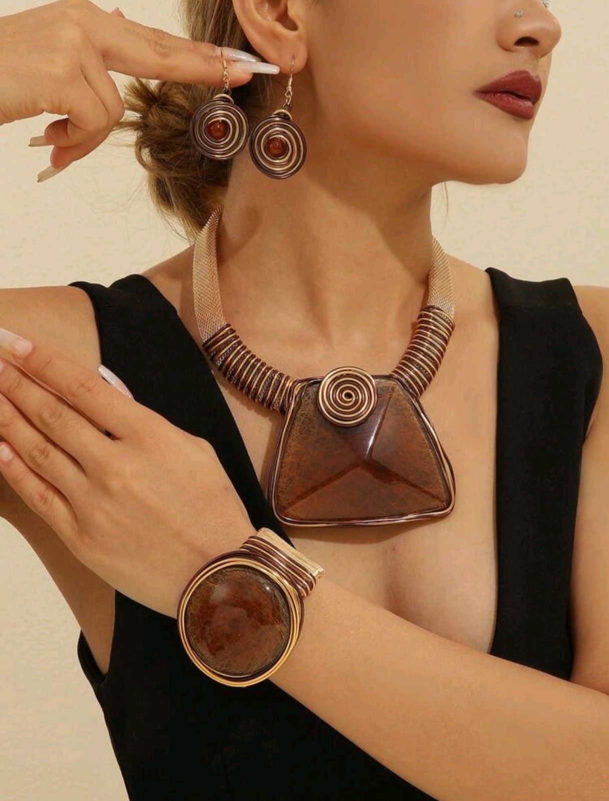 Exquisite 3-Piece Statement Jewelry Set Dark Gold Bohemian Chunky Necklace Set