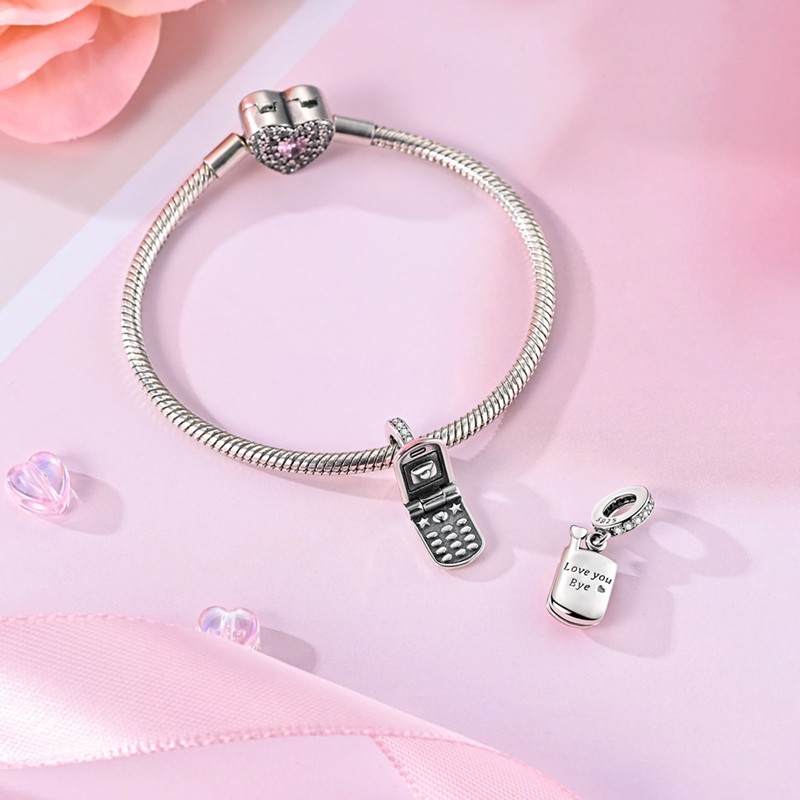 MULA 925 Sterling Silver DIY Charm CZ Flip Pink Phone Pendant for Women Bracelet
