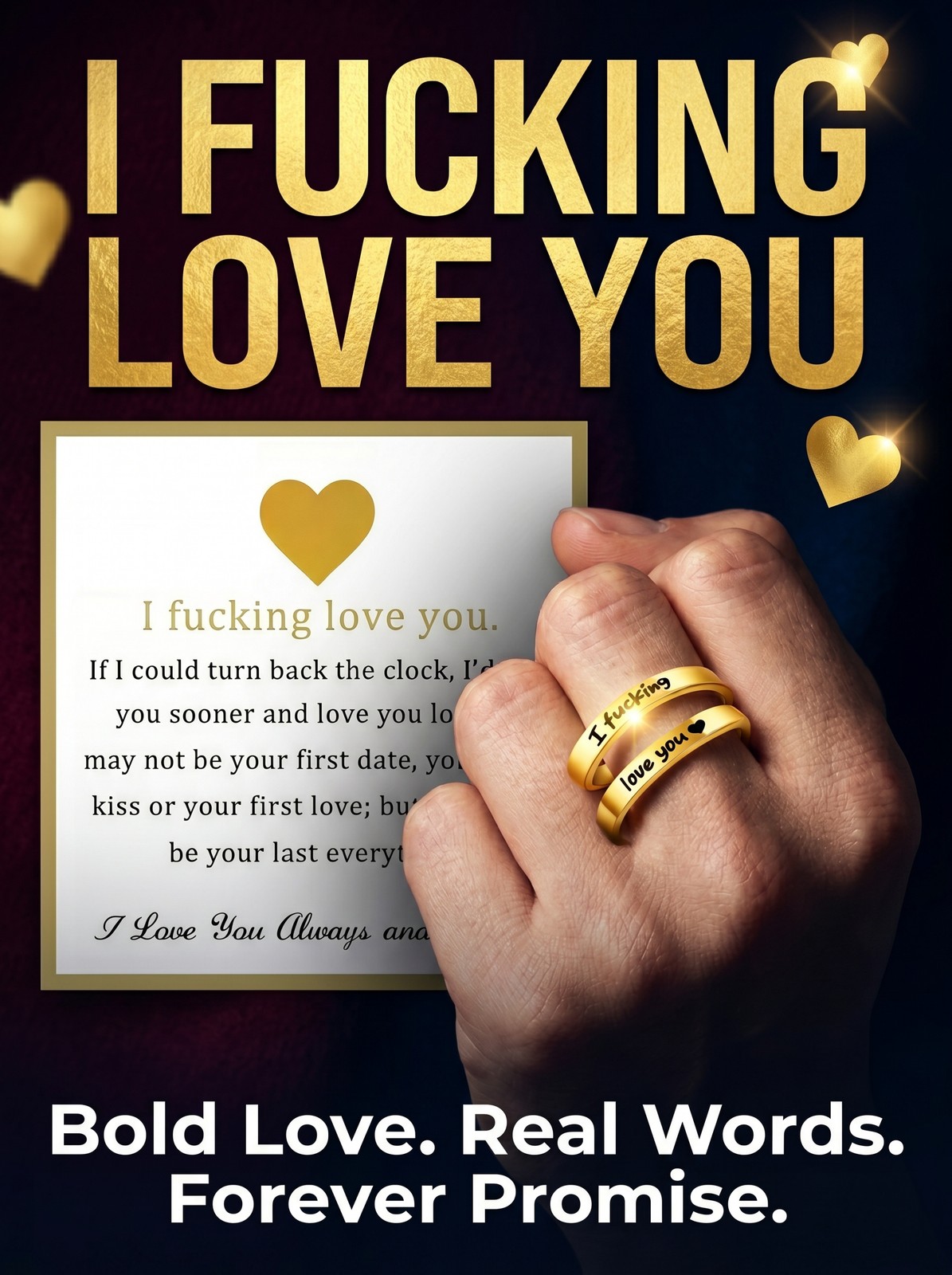 I Fu*king Love You Ring, Gold Statement Love Band, Funny Couple Gift, Adjustable