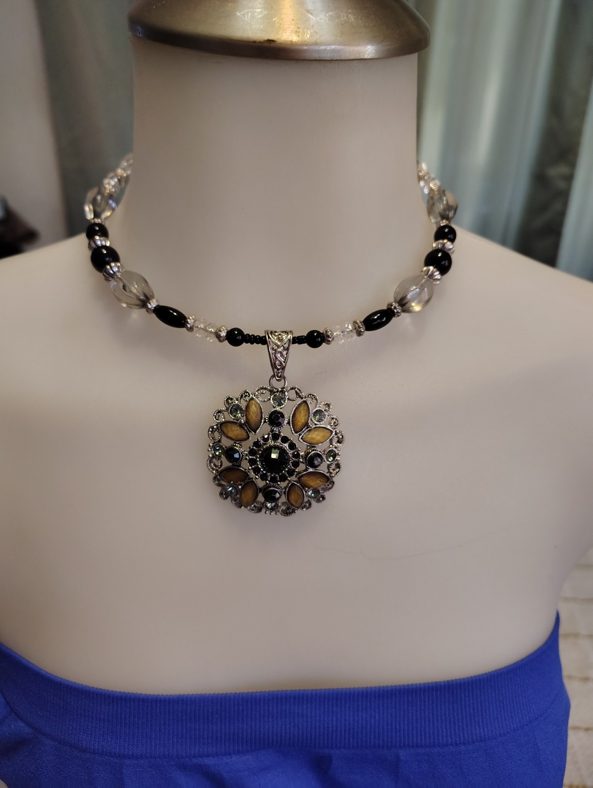 Silver Plated Black & Clear Crystal Glass Beaded Ball
