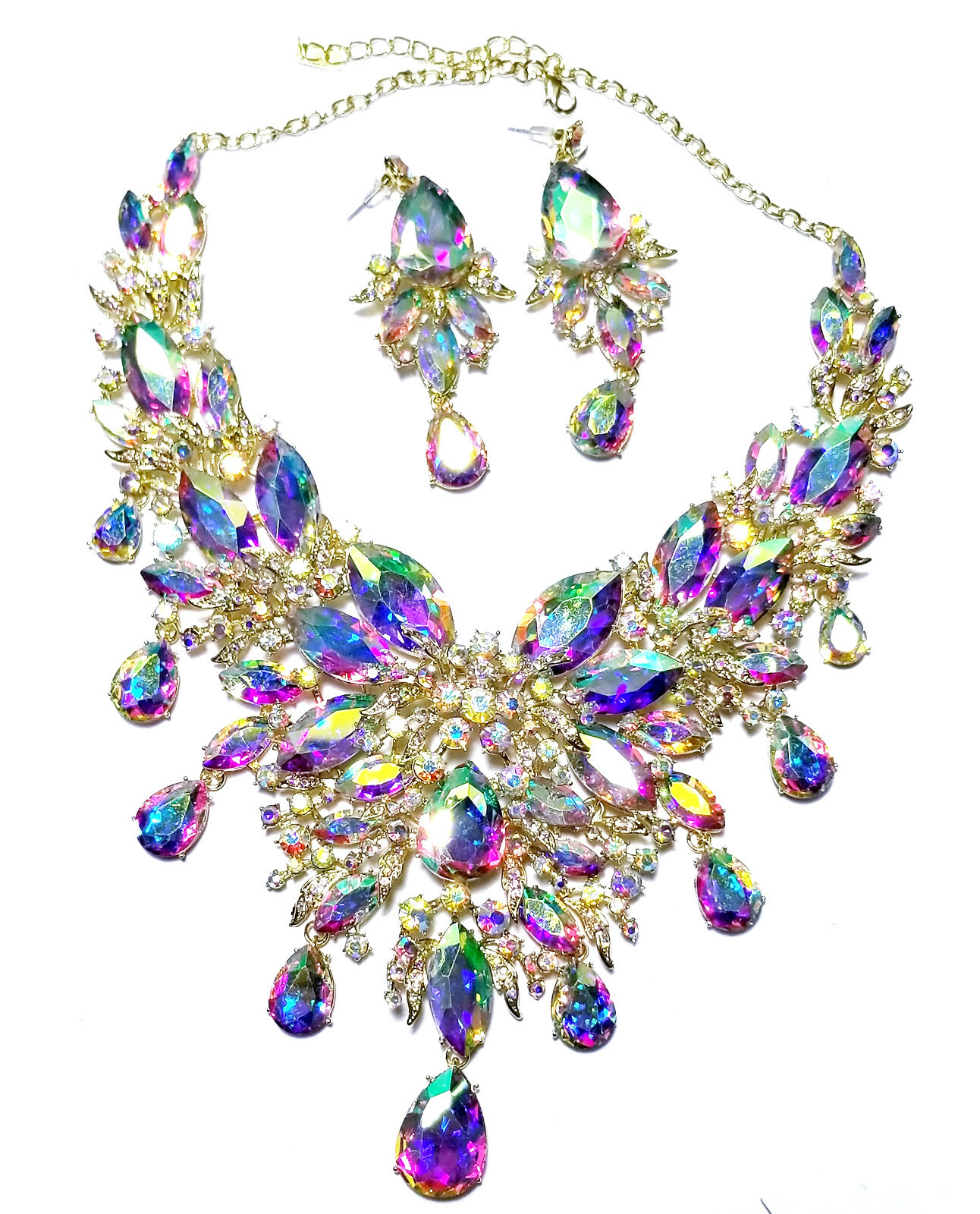 Breastshield Bib Necklace Earring Set Rhinestone AB