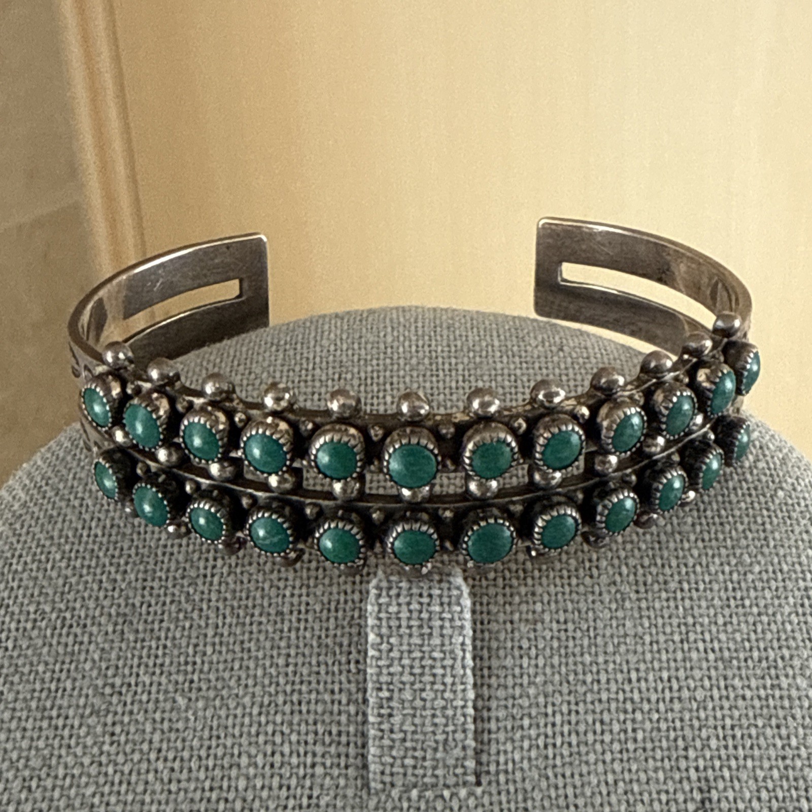 Vintage Native Zuni Sterling Silver Snake Eye 2 Row Turquoise Cuff Bracelet 6.5”
