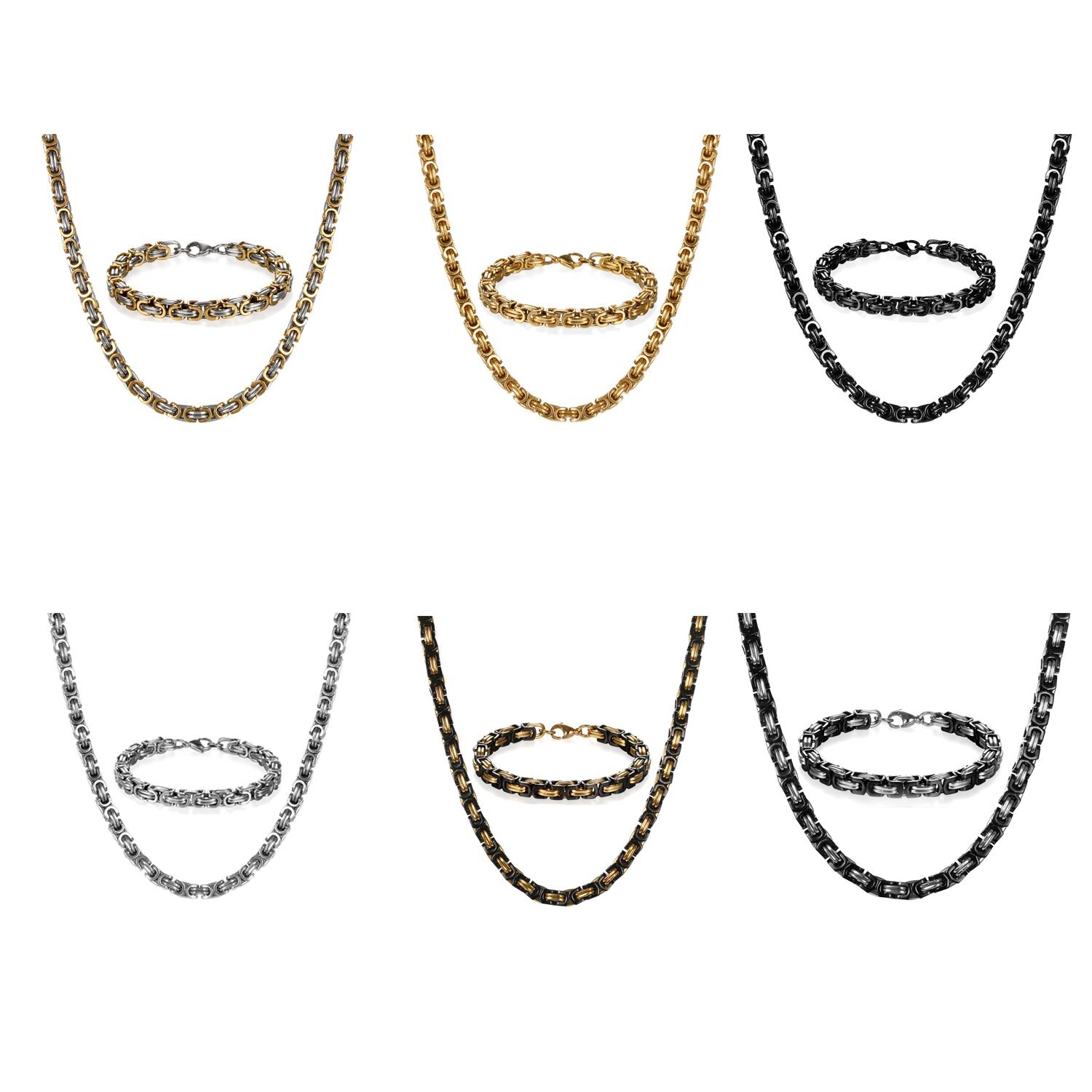8mm Heavy Men’s Stainless Steel Byzantine Box Link Chain Necklace Bracelet Set