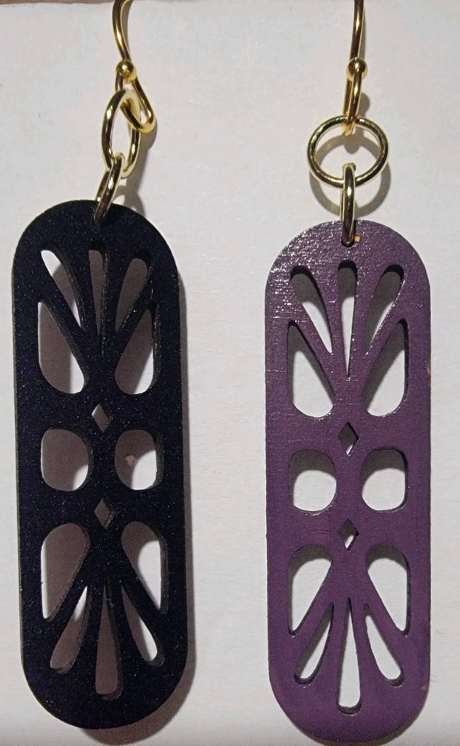 Purple Wooden Rectangle Cutout Dangle/Drop Hook Earrings, No Stone