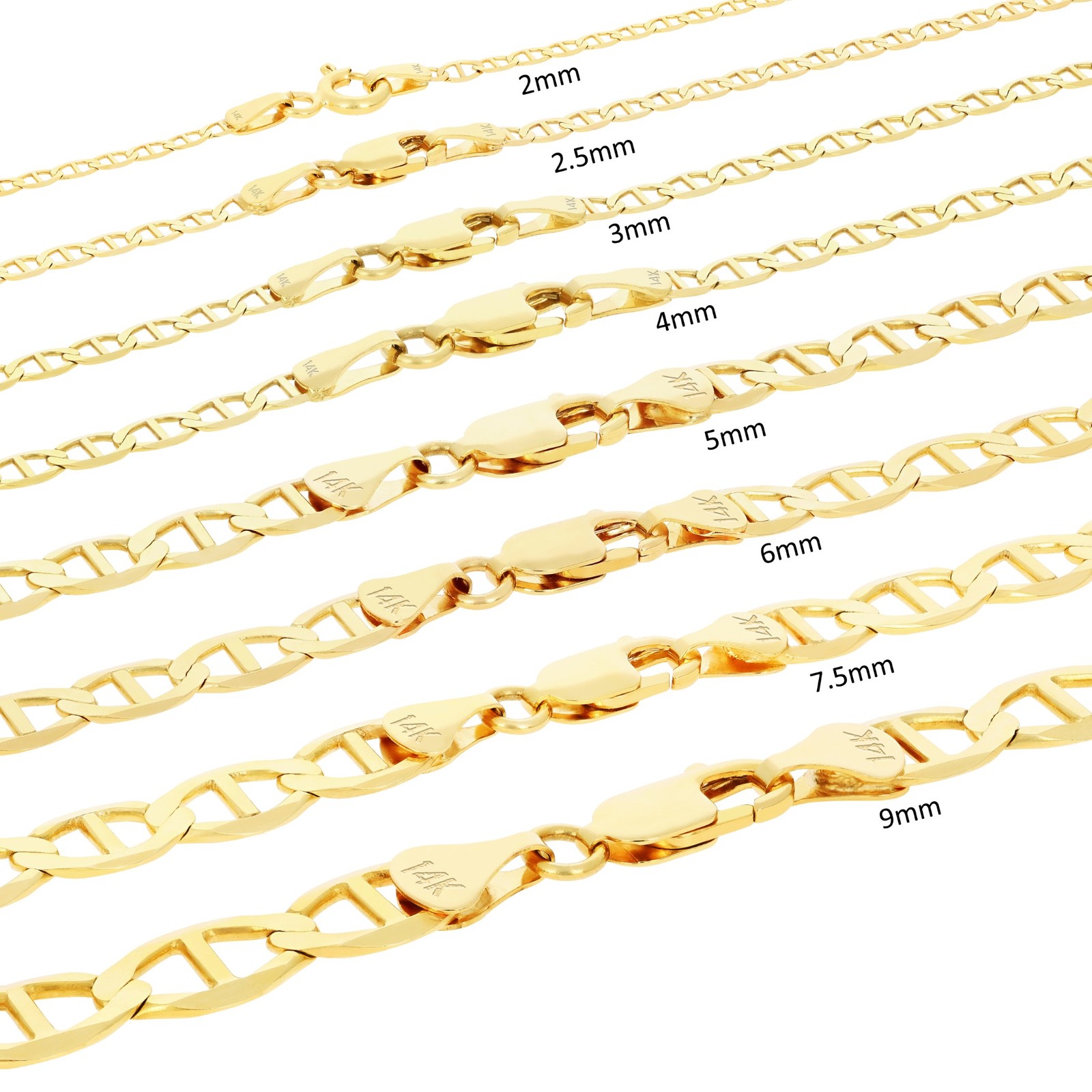 14K Yellow Gold Solid 2mm-7.5mm Mariner Anchor Chain Necklace Bracelet 7″- 30″
